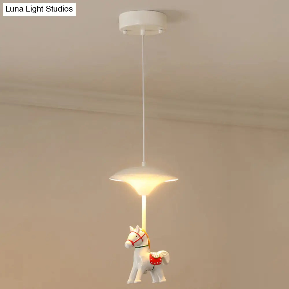 Cartoon Led Ceiling Pendant - White Horse Hanging Light With Metal Shade For Bedroom