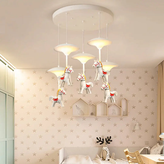 Cartoon Led Ceiling Pendant - White Horse Hanging Light With Metal Shade For Bedroom 5 /