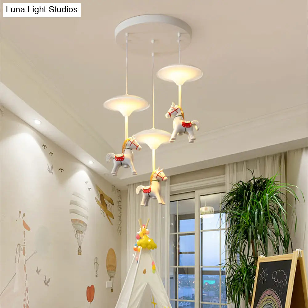 Cartoon Led Ceiling Pendant - White Horse Hanging Light With Metal Shade For Bedroom