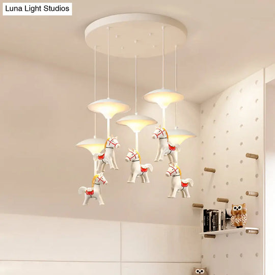 Cartoon Led Ceiling Pendant - White Horse Hanging Light With Metal Shade For Bedroom