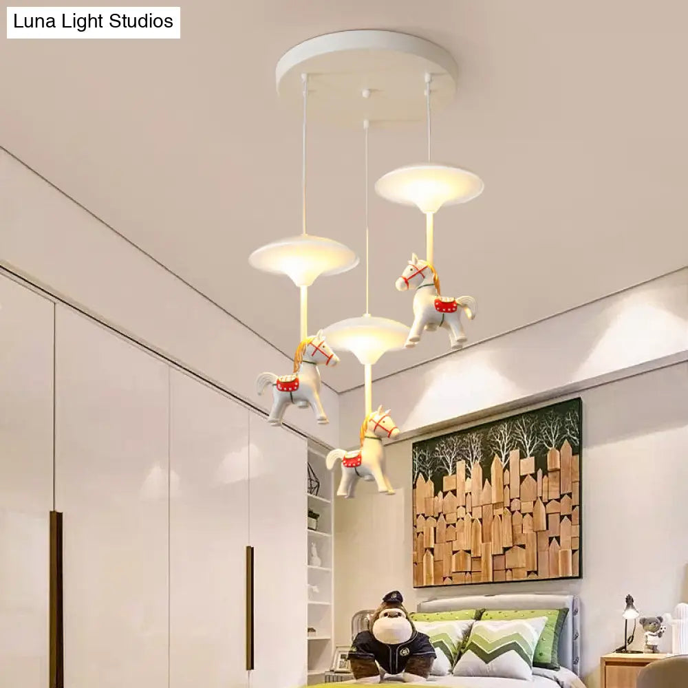 Cartoon Led Ceiling Pendant - White Horse Hanging Light With Metal Shade For Bedroom