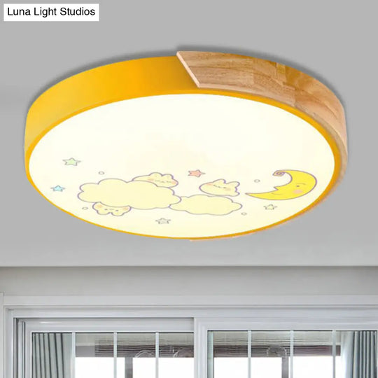 Cartoon Led Flush Ceiling Light Fixture For Kindergartens - Round Acrylic Yellow