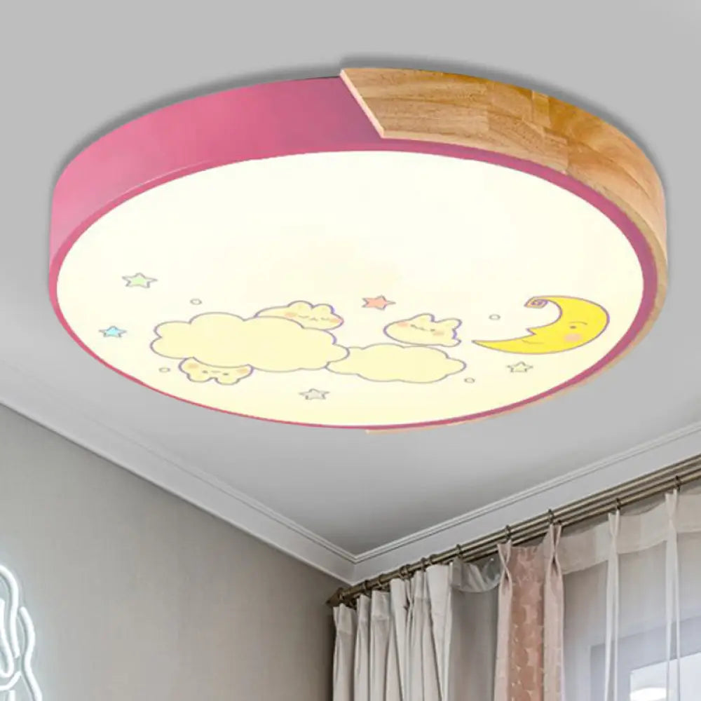 Cartoon Led Flush Ceiling Light Fixture For Kindergartens - Round Acrylic Pink