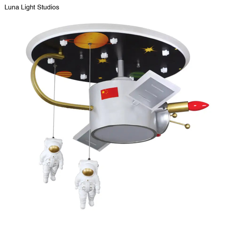 Cartoon Led Flush Mount Nickel Astronaut And Space Missile Ceiling Lamp