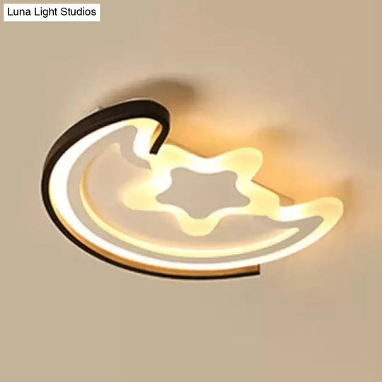 Cartoon Led Flushmount Light For Study Room - Acrylic Moon & Star Ceiling Fixture