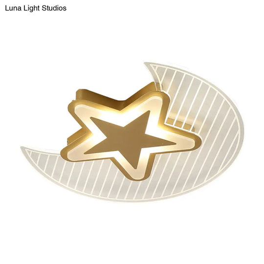 Cartoon Led Gold Flush Mount Ceiling Light With Acrylic Crescent And Star Design - Warm/White