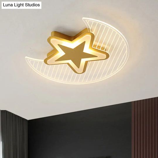 Cartoon Led Gold Flush Mount Ceiling Light With Acrylic Crescent And Star Design - Warm/White