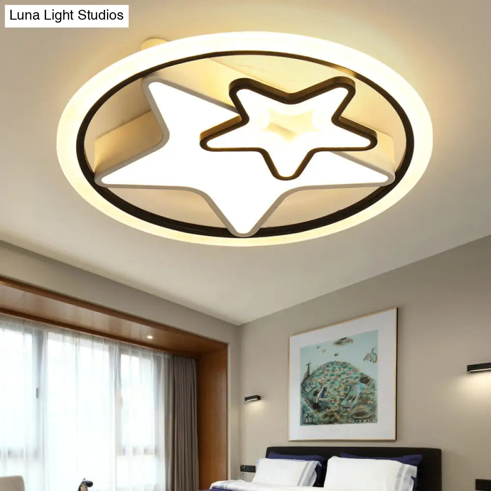 Cartoon Led Kids Ceiling Lamp In Black Metal Round Flush Mount Fixture