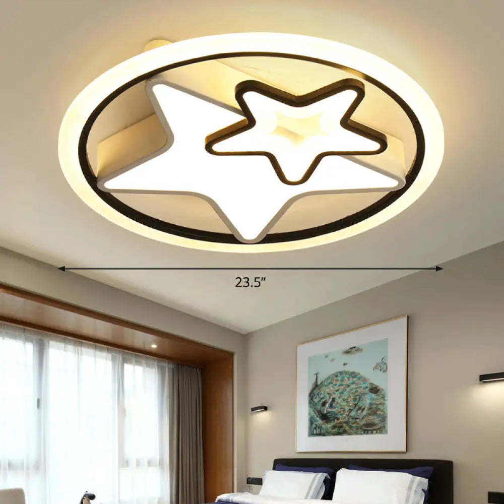 Cartoon Led Kids Ceiling Lamp In Black Metal Round Flush Mount Fixture / 23.5