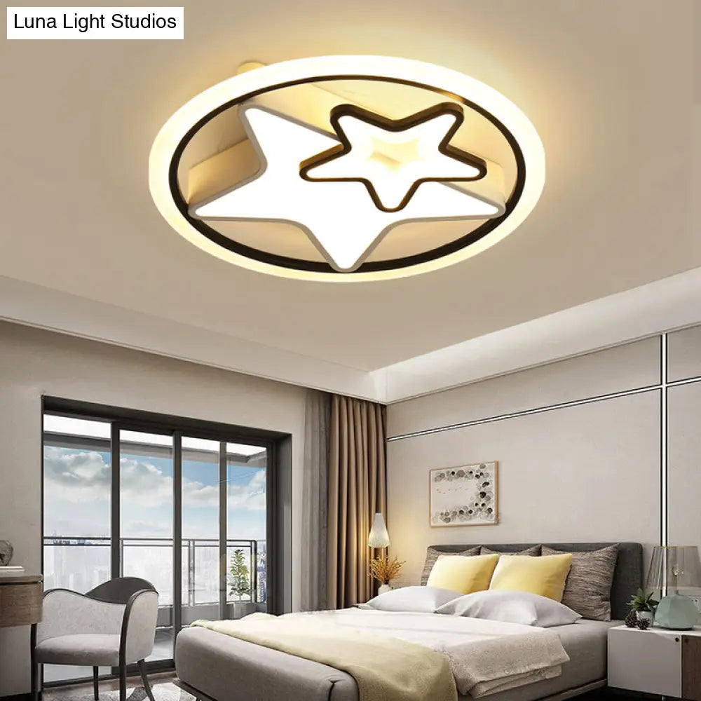 Cartoon Led Kids Ceiling Lamp In Black Metal Round Flush Mount Fixture