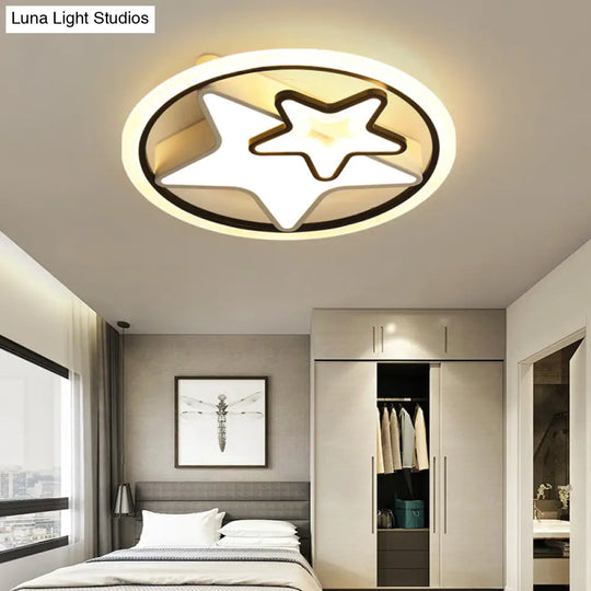 Cartoon Led Kids Ceiling Lamp In Black Metal Round Flush Mount Fixture