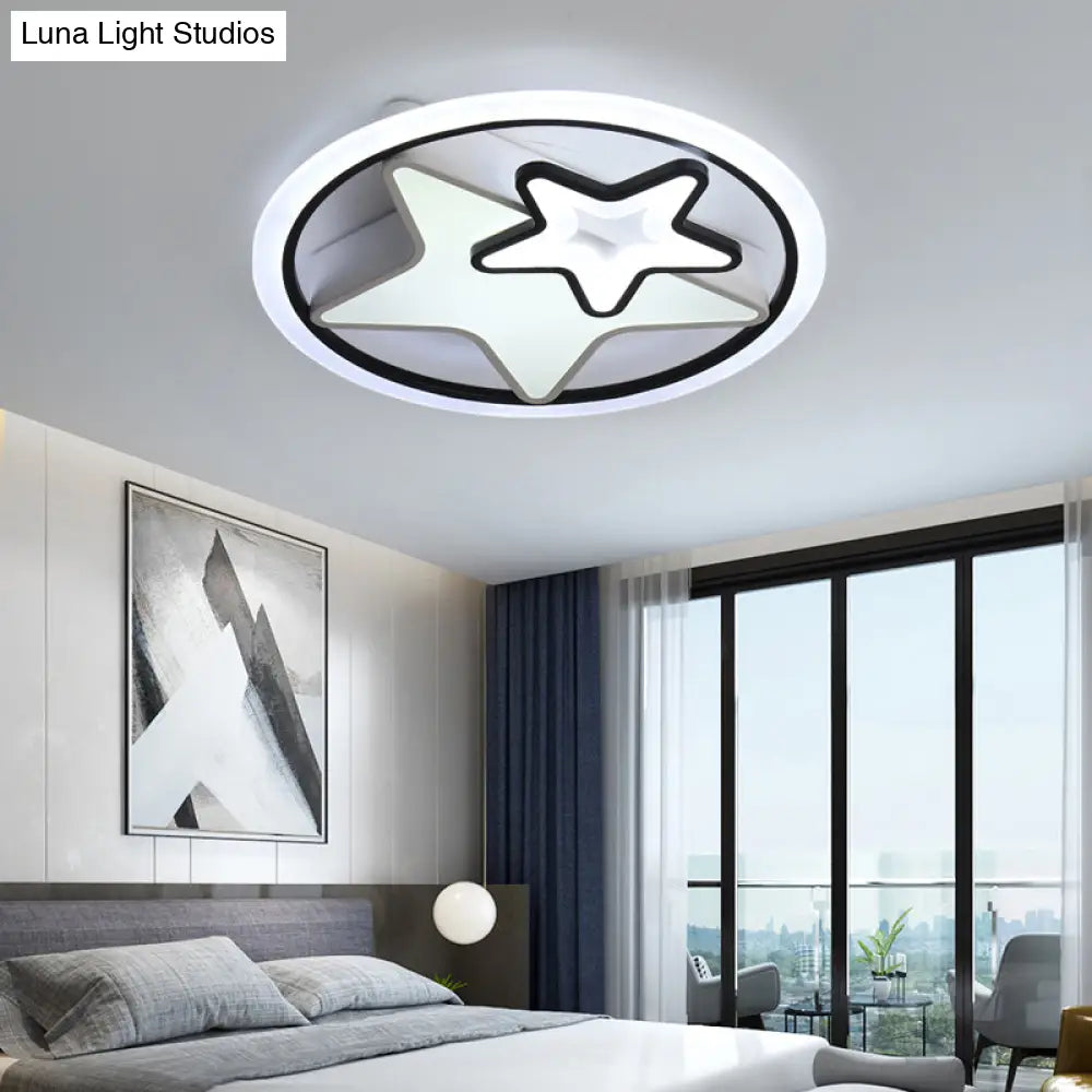 Cartoon Led Kids Ceiling Lamp In Black Metal Round Flush Mount Fixture