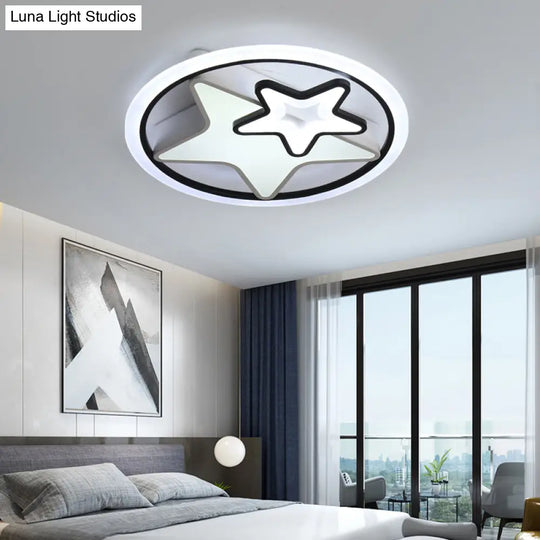 Cartoon Led Kids Ceiling Lamp In Black Metal Round Flush Mount Fixture