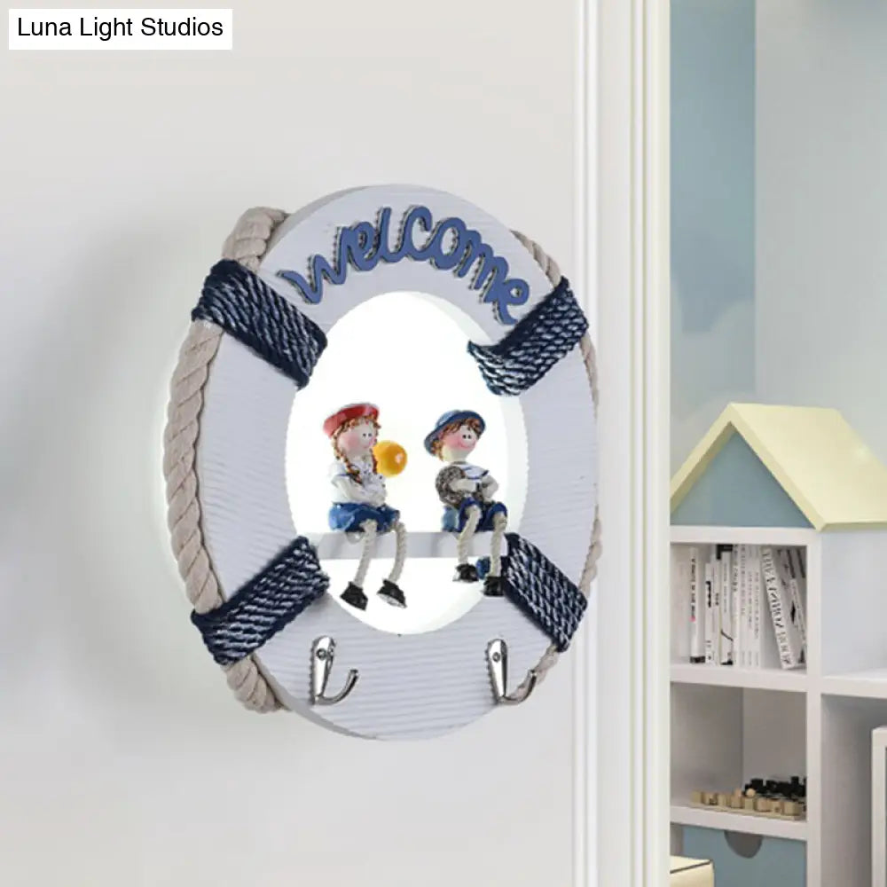 Cartoon Led Life Buoy Wood Sconce Light Fixture - Wall Mount Lamp In White/3 Color