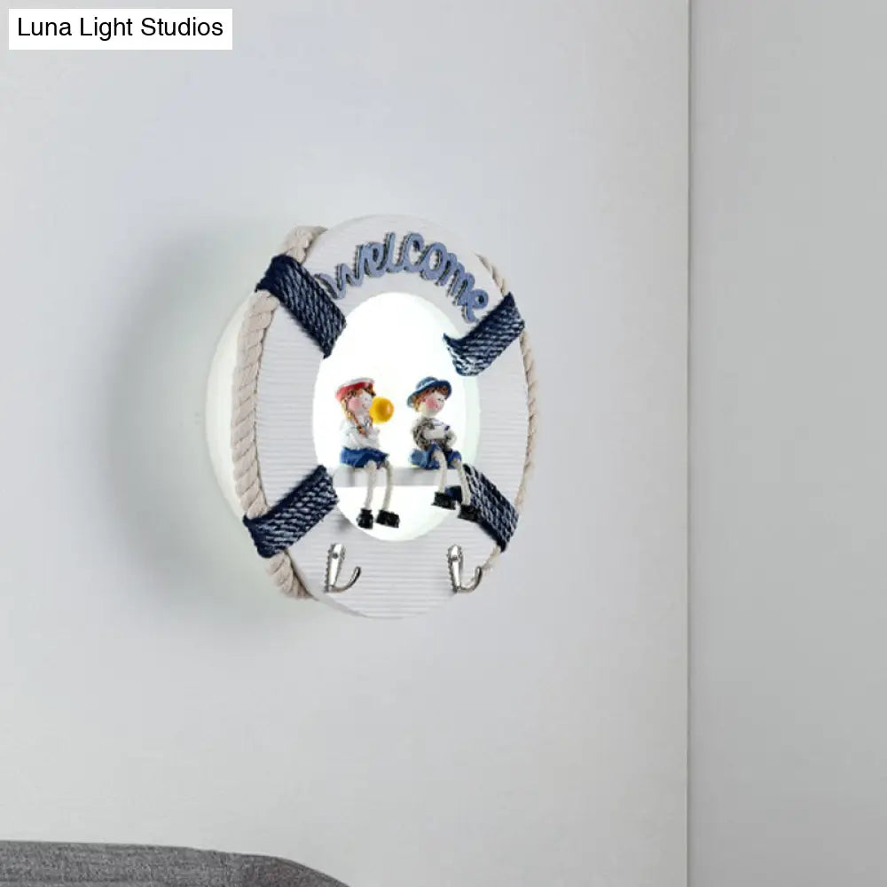 Cartoon Led Life Buoy Wood Sconce Light Fixture - Wall Mount Lamp In White/3 Color