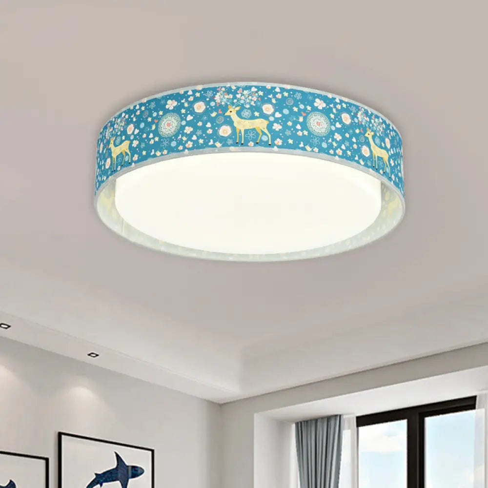 Cartoon Led Metal Flush Mount Light With Animal Pattern For Bedroom - Beige/Blue Drum Lighting Blue