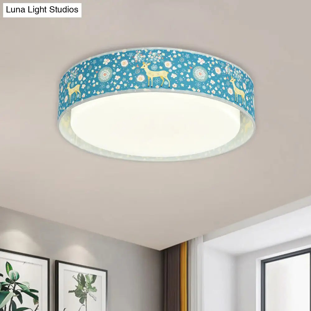 Cartoon Led Metal Flush Mount Light With Animal Pattern For Bedroom - Beige/Blue Drum Lighting