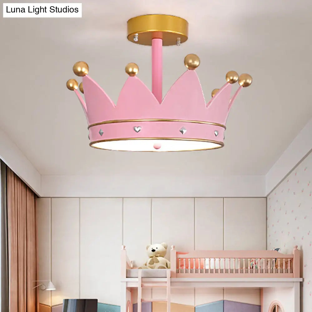 Cartoon Led Pink Finish Crown Shape Semi Flush Light - Mount Lamp Fixture