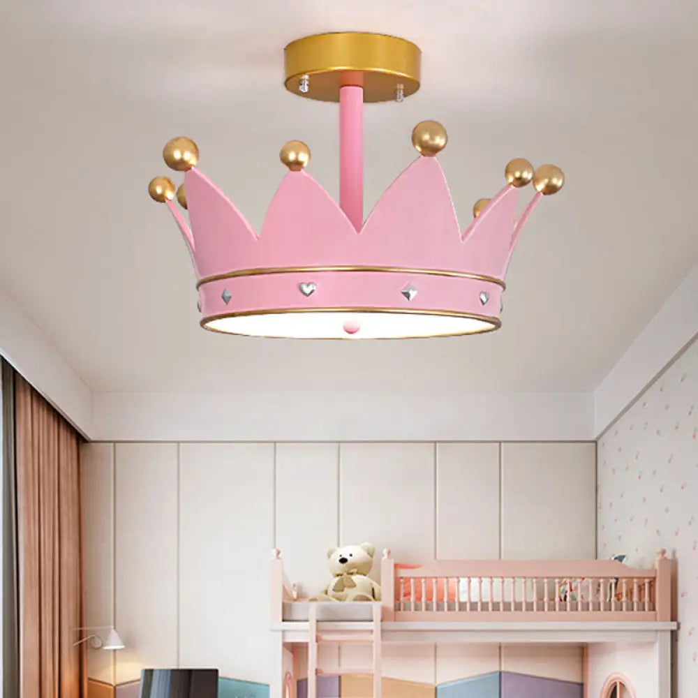 Cartoon Led Pink Finish Crown Shape Semi Flush Light - Mount Lamp Fixture