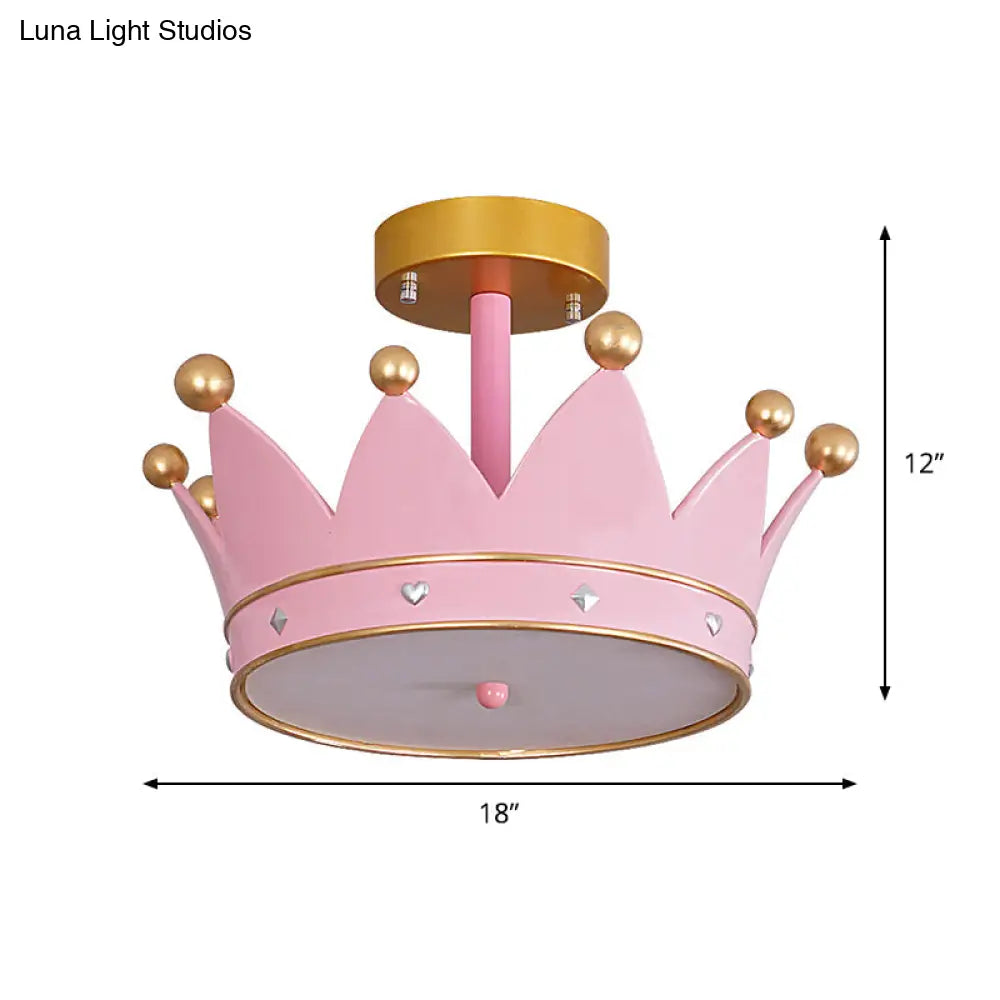 Cartoon Led Pink Finish Crown Shape Semi Flush Light - Mount Lamp Fixture