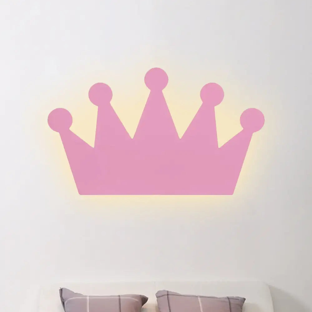 Cartoon Led Wall Sconce For Kids Bedroom - Wooden Crown Design In Yellow/Pink Pink