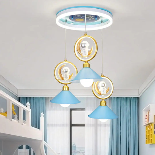 Cartoon Metal 3-Bulb Blue Pendant Ceiling Light With Moon And Astronaut Deco