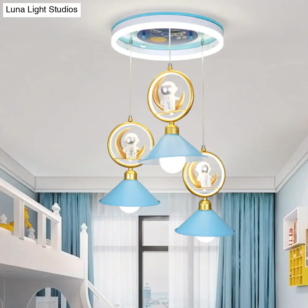 Cartoon Metal 3-Bulb Blue Pendant Ceiling Light With Moon And Astronaut Deco