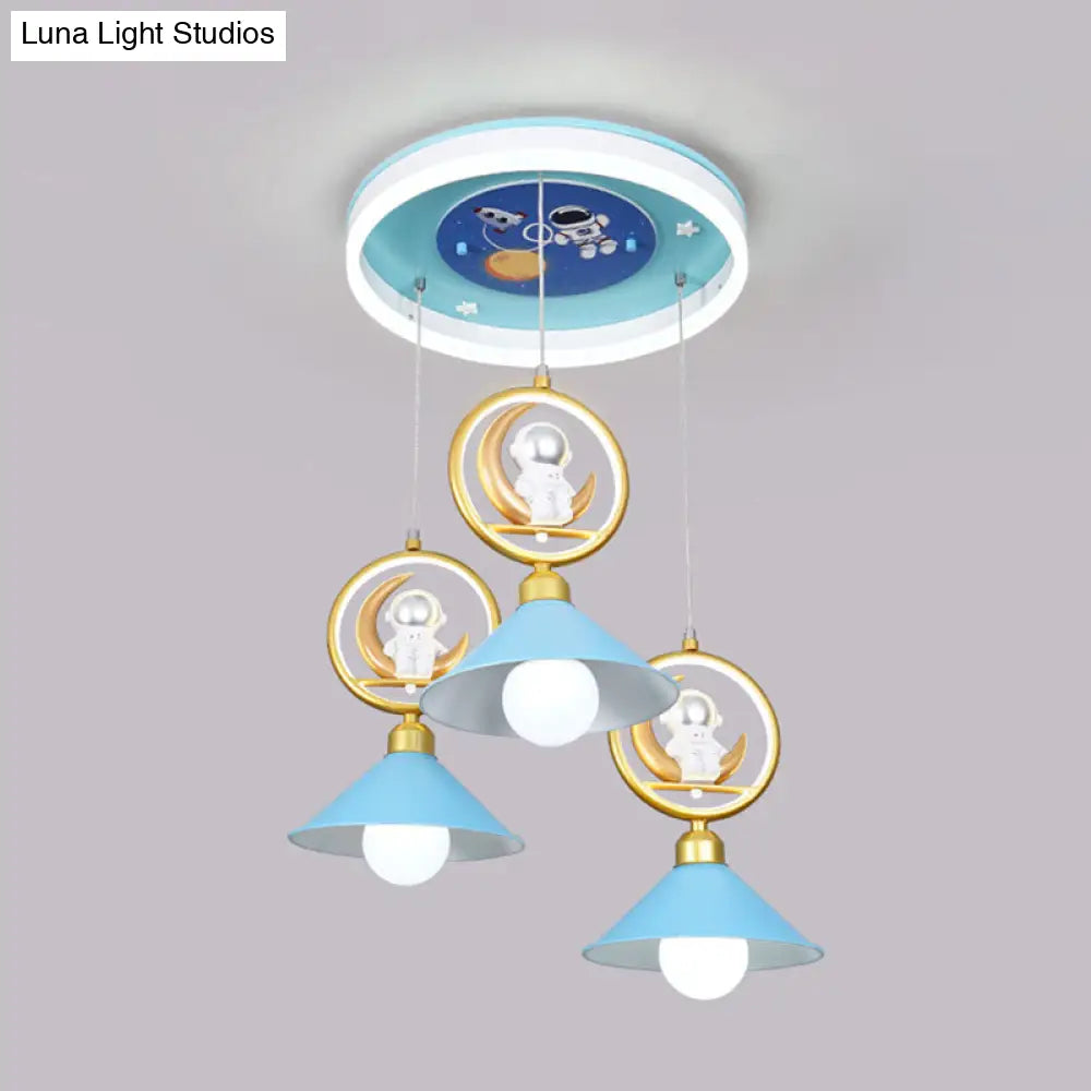 Cartoon Metal 3-Bulb Blue Pendant Ceiling Light With Moon And Astronaut Deco