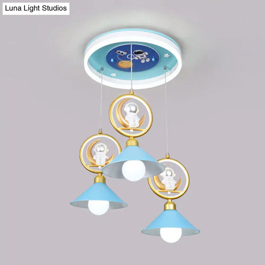 Cartoon Metal 3-Bulb Blue Pendant Ceiling Light With Moon And Astronaut Deco