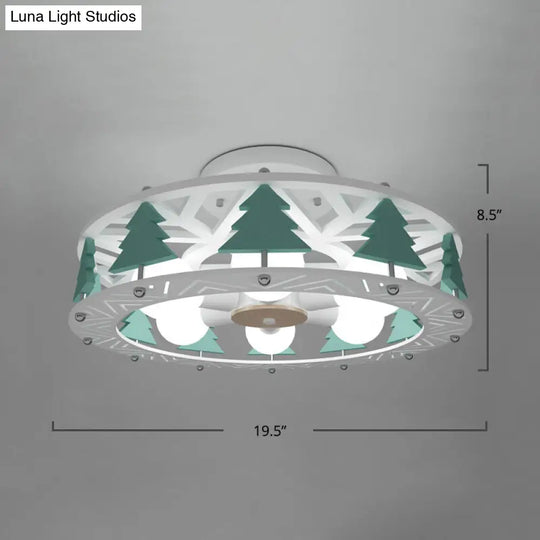Cartoon Metal Drum Shaped 6-Light Kids Room Ceiling Lamp In White / Christmas Tree