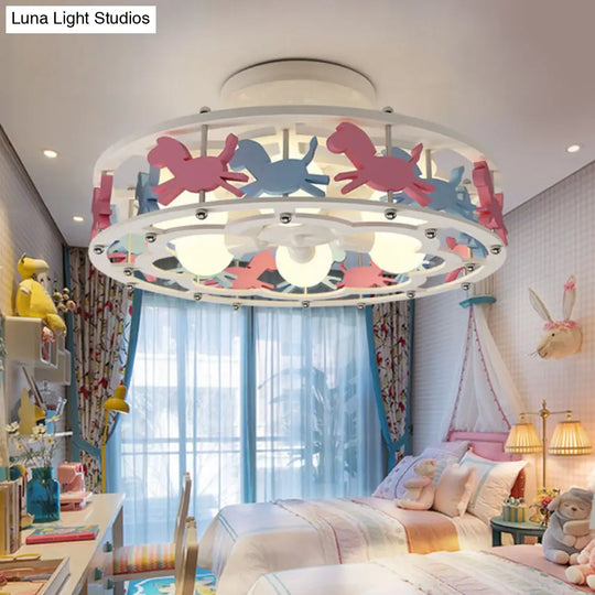 Cartoon Metal Drum Shaped 6 - Light Kids Room Ceiling Lamp In White