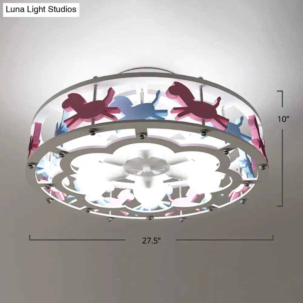 Cartoon Metal Drum Shaped 6-Light Kids Room Ceiling Lamp In White / Carousel