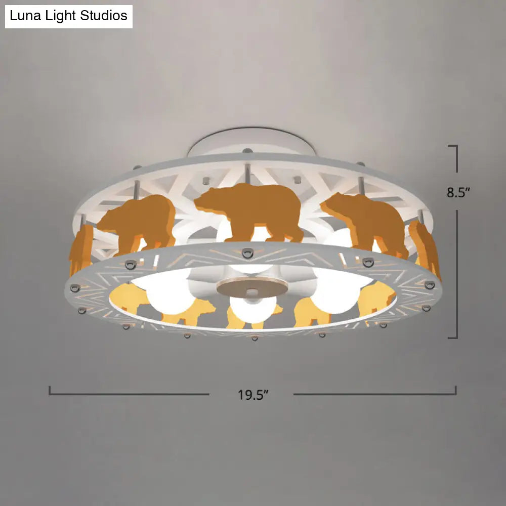 Cartoon Metal Drum Shaped 6-Light Kids Room Ceiling Lamp In White / Bear