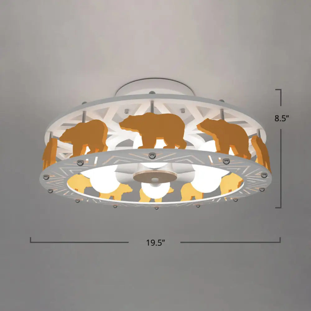 Cartoon Metal Drum Shaped 6 - Light Kids Room Ceiling Lamp In White / Bear