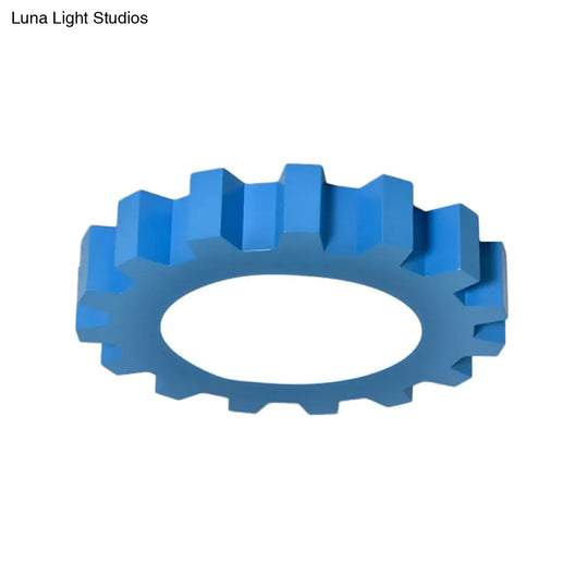 Cartoon Metallic Blue Led Flush Mount Fixture With Gear Shape - Perfect For Nursery Lighting