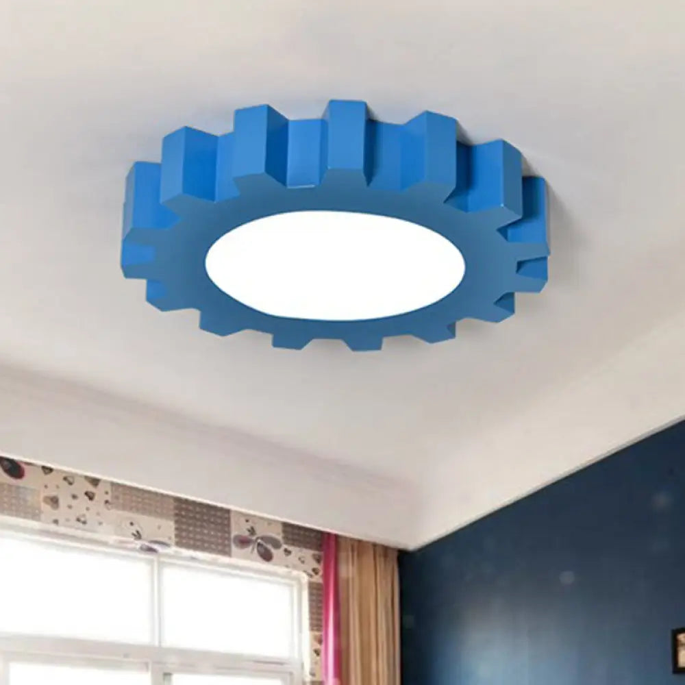 Cartoon Metallic Blue Led Flush Mount Fixture With Gear Shape - Perfect For Nursery Lighting /