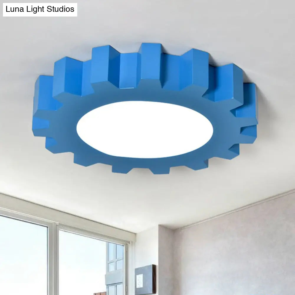 Cartoon Metallic Blue Led Flush Mount Fixture With Gear Shape - Perfect For Nursery Lighting