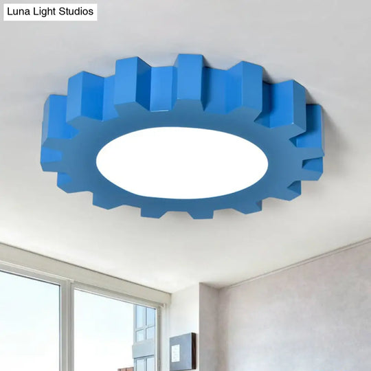 Cartoon Metallic Blue Led Flush Mount Fixture With Gear Shape - Perfect For Nursery Lighting