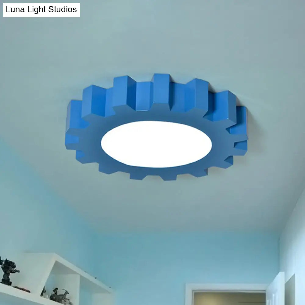 Cartoon Metallic Blue Led Flush Mount Fixture With Gear Shape - Perfect For Nursery Lighting