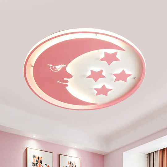 Cartoon Moon And Star Led Flush Lighting For Bedrooms In White/Pink/Blue Pink