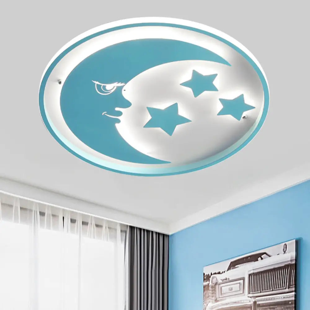 Cartoon Moon And Star Led Flush Lighting For Bedrooms In White/Pink/Blue Blue