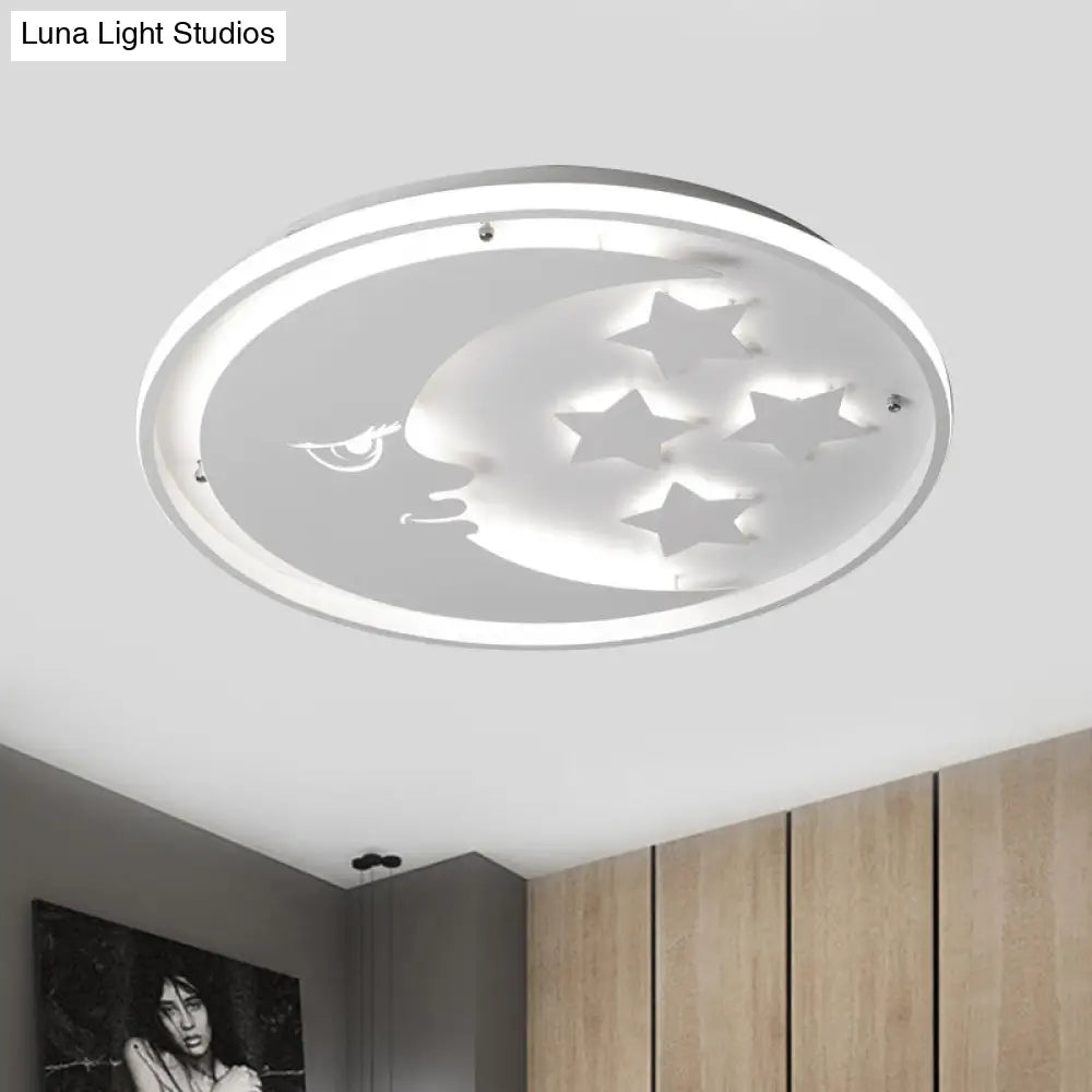 Cartoon Moon And Star Led Flush Lighting For Bedrooms In White/Pink/Blue