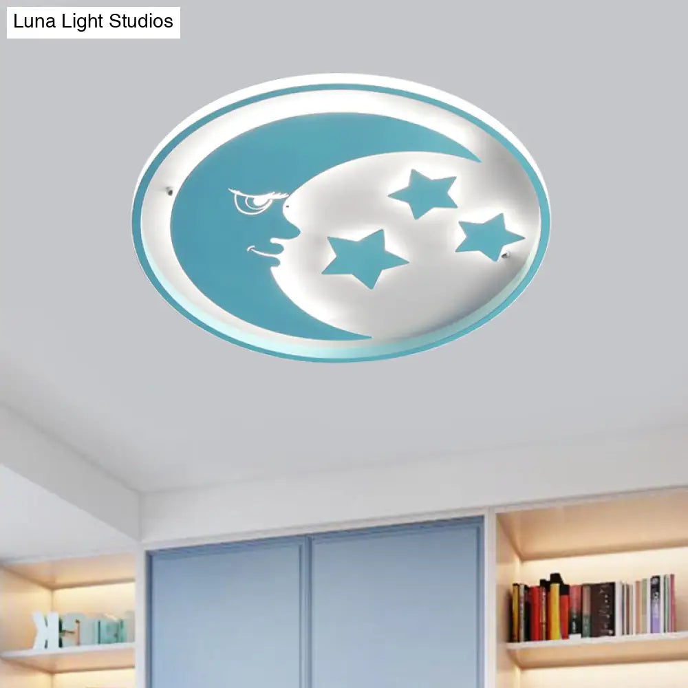 Cartoon Moon And Star Led Flush Lighting For Bedrooms In White/Pink/Blue
