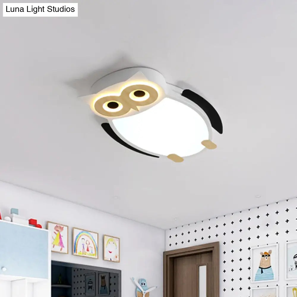 Cartoon Owl Flush Ceiling Light For Children - White/Pink/Blue Led Metal Mount Lamp White /