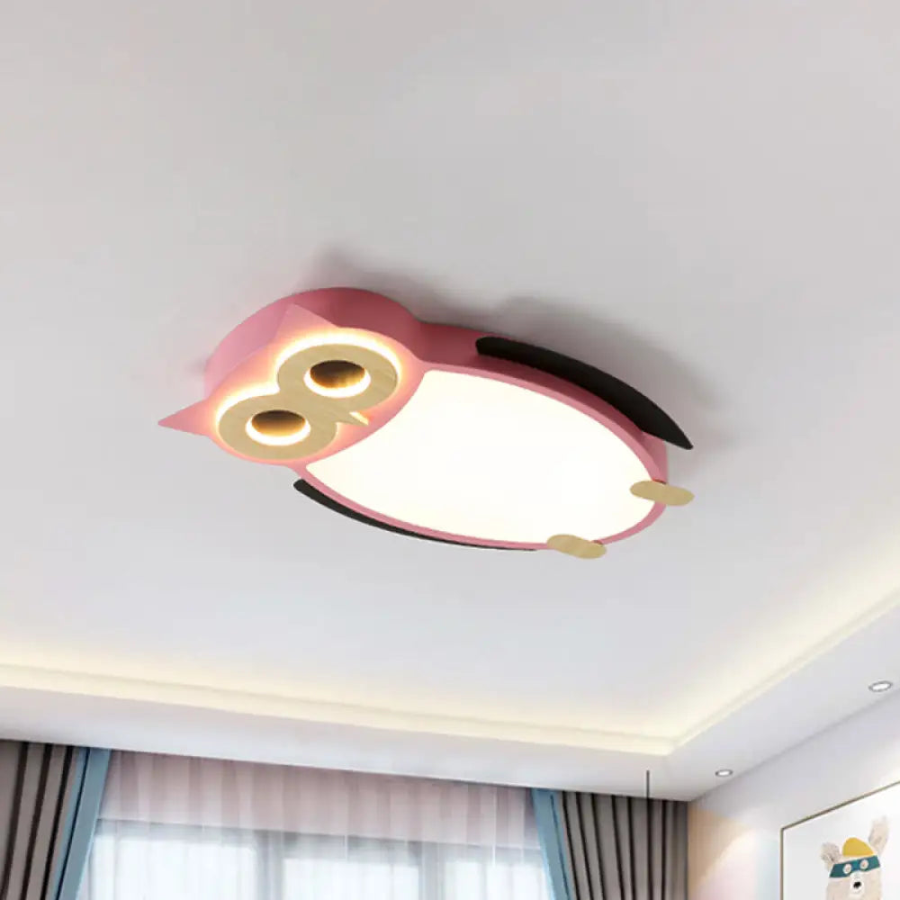 Cartoon Owl Flush Ceiling Light For Children - White/Pink/Blue Led Metal Mount Lamp Pink / White