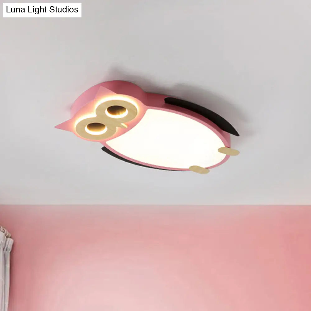 Cartoon Owl Flush Ceiling Light For Children - White/Pink/Blue Led Metal Mount Lamp