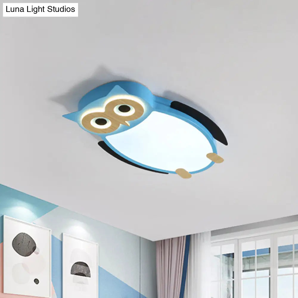 Cartoon Owl Flush Ceiling Light For Children - White/Pink/Blue Led Metal Mount Lamp