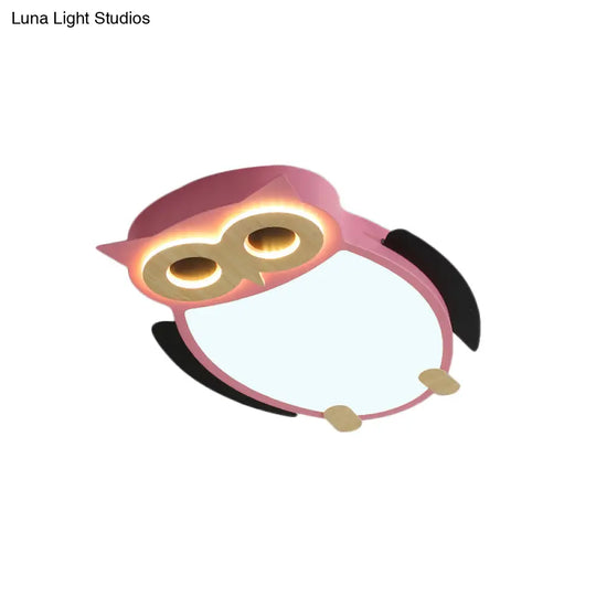 Cartoon Owl Flush Ceiling Light For Children - White/Pink/Blue Led Metal Mount Lamp