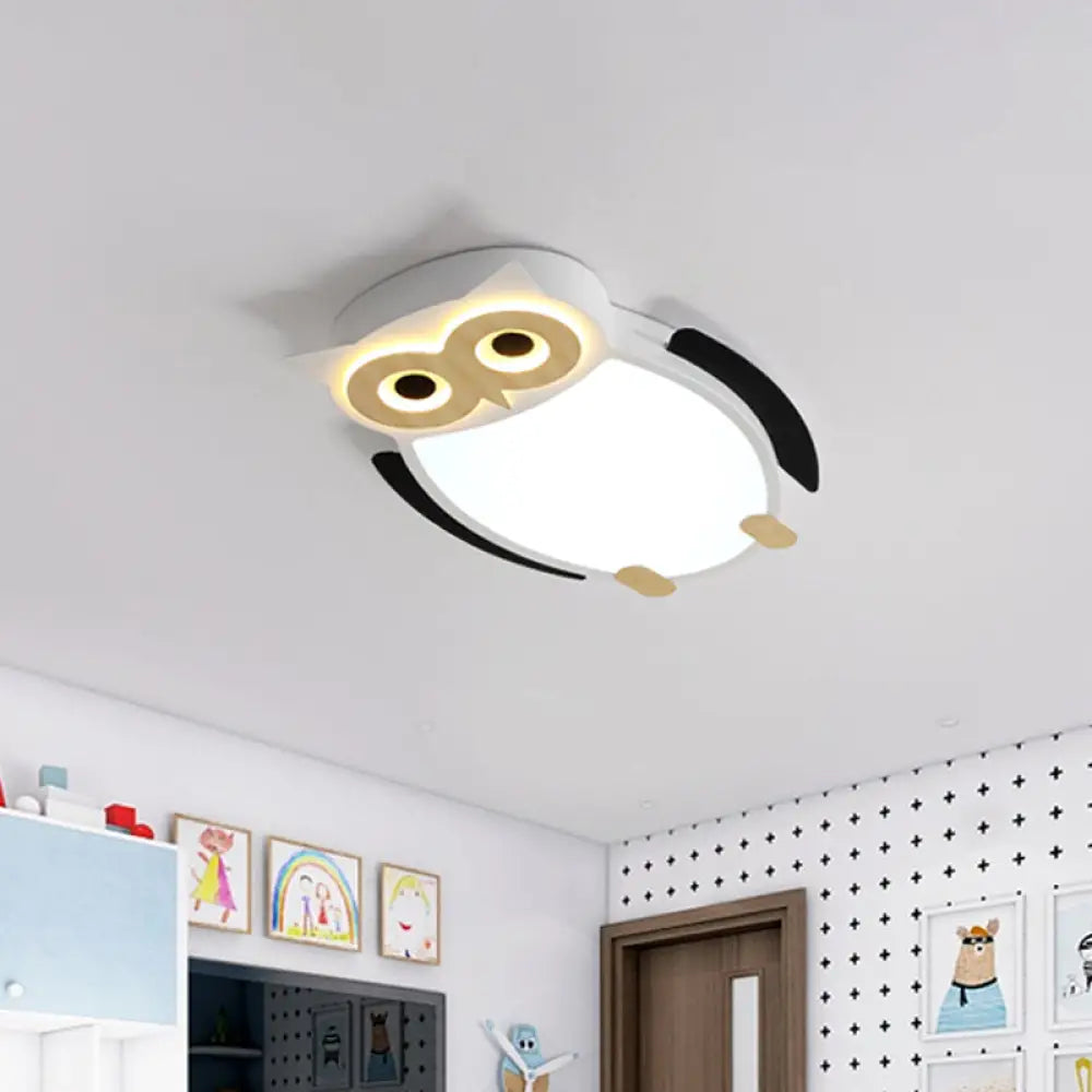 Cartoon Owl Flush Ceiling Light For Children - White/Pink/Blue Led Metal Mount Lamp White /