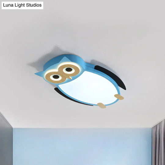 Cartoon Owl Flush Ceiling Light For Children - White/Pink/Blue Led Metal Mount Lamp Blue / Warm